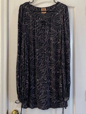 Biba 100% Silk Dress | Black & Purple Floral Tunic Dress | Flowy Long Sleeve